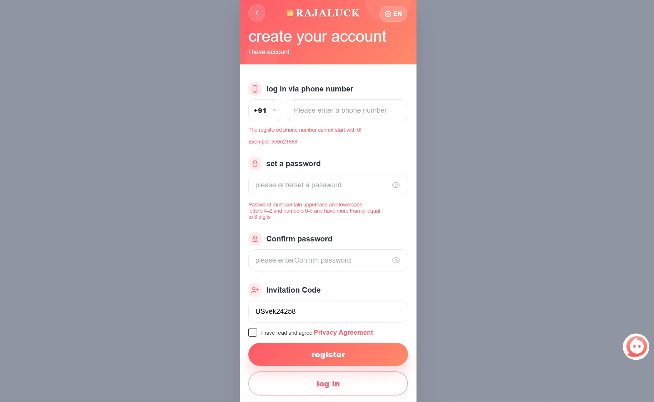 Creating and verifying a new account on Raja Luck